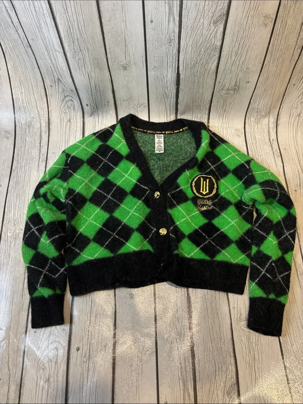 Wicked Justice Green & Black Argyle Cardigan girls size 10/12